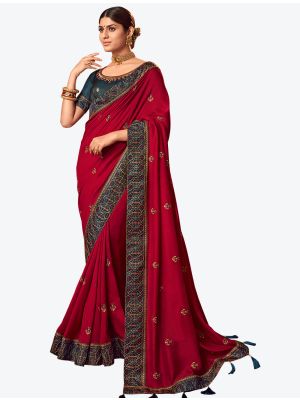 Cherry Red Embroidered Vichitra Silk Party Wear Designer Saree FABSA21428