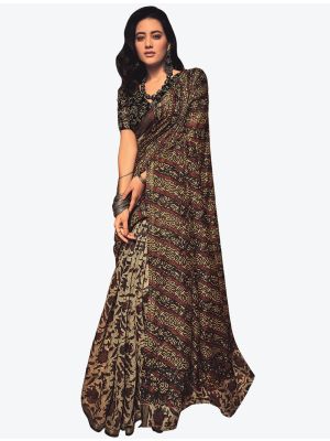 Dark Beige Block Print Fine Cotton Casual Wear Designer Saree small FABSA21470