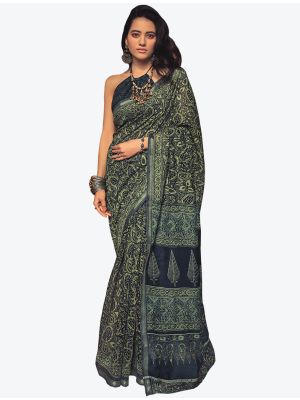 Dark Blue Block Print Fine Cotton Casual Wear Designer Saree small FABSA21467