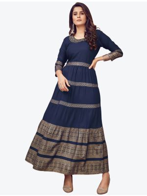 dark blue fine rayon party wear designer readymade gown   fabgo20115
