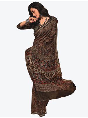 Dark Brown Block Print Fine Cotton Casual Wear Designer Saree small FABSA21471