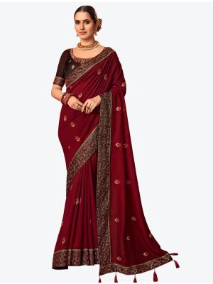 Dark Red Embroidered Vichitra Silk Party Wear Designer Saree FABSA21426
