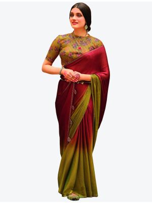 Dark Red Velvet Chiffon Party Wear Designer Saree FABSA21455