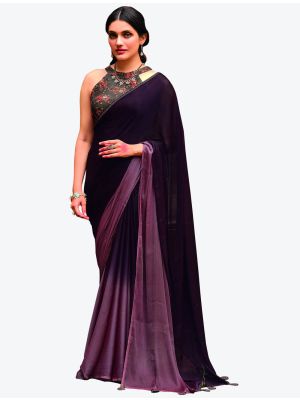 Dark Violet Velvet Chiffon Party Wear Designer Saree small FABSA21461