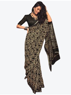 Deep Beige Block Print Fine Cotton Casual Wear Designer Saree small FABSA21472