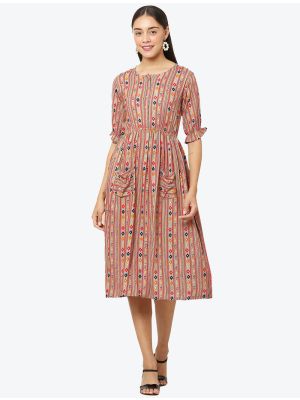 deep cream fine rayon printed casual wear frock fabku20515