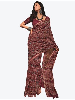 Deep Maroon Block Print Fine Cotton Casual Wear Designer Saree small FABSA21466