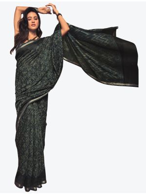 Deep Teal Block Print Fine Cotton Casual Wear Designer Saree small FABSA21473