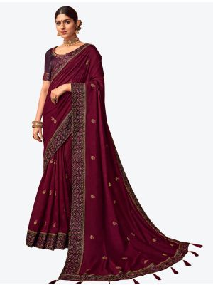 Deep Wine Embroidered Vichitra Silk Party Wear Designer Saree small FABSA21424