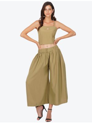 light brown polyester solid crop top with pant fabku20501