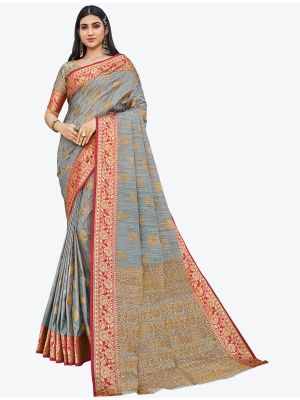 Light Grey Zari Woven Handloom Cotton Party Wear Designer Saree small FABSA21479