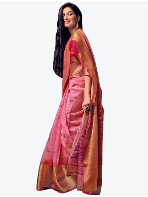 Light Pink Velvet Chiffon Party Wear Designer Saree small FABSA21447