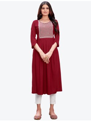 maroon fine rayon embroidered casual wear long kurti fabku20509