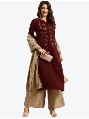 Maroon Silk Blend Readymade Designer Palazzo Suit with Dupatta FABSL20702