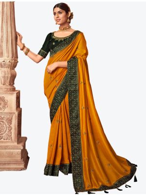 Mustard Yellow Embroidered Vichitra Silk Party Wear Designer Saree small FABSA21427