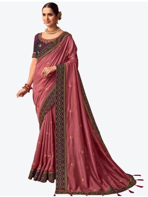 Onion Pink Embroidered Vichitra Silk Party Wear Designer Saree small FABSA21422