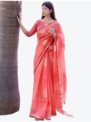Peach Zari Woven Linen Silk Festive Wear Designer Saree small FABSA21415