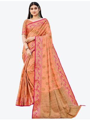 Persimmon Peach Zari Woven Handloom Cotton Party Wear Designer Saree small FABSA21478