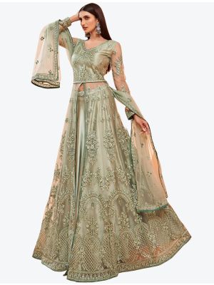 Pista Green Butterfly Net Party Wear Designer Anarkali Suit FABSL20722