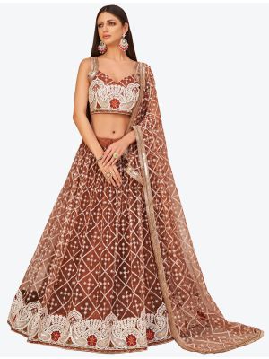 Rusty Brown Mono Net Heavy Designer Lehenga Choli with Dupatta small FABLE20229