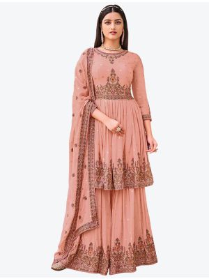 Salmon Embroidered Fine Georgette Party Wear Designer Sharara Suit swatch FABSL20718