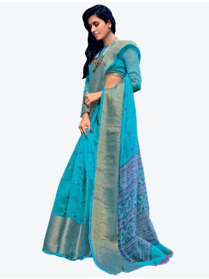 Sky Blue Velvet Chiffon Party Wear Designer Saree small FABSA21450