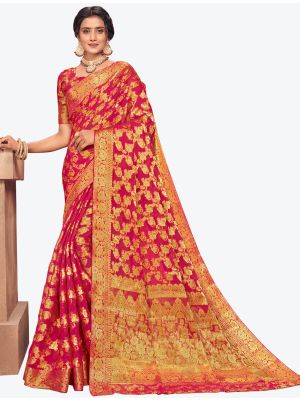 Vibrant Pink Zari Woven Chiffon Festive Wear Designer Saree small FABSA21406