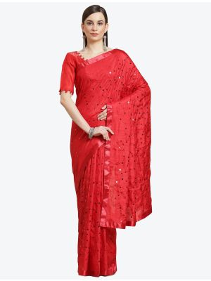 Vibrant Red Fancy Vichitra Silk Party Wear Designer Saree FABSA21484