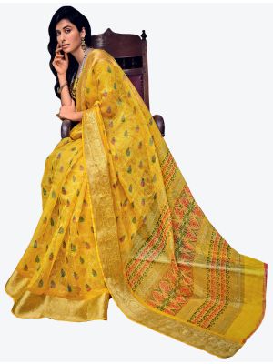 Warm Yellow Velvet Chiffon Party Wear Designer Saree small FABSA21451