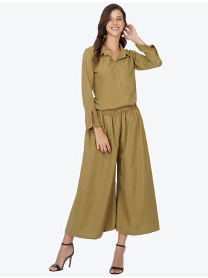 wheat brown polyester solid shirt style top with pant fabku20503