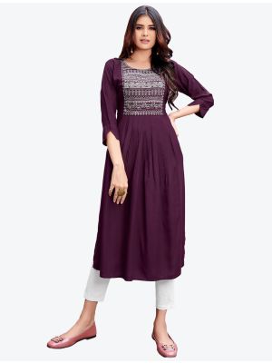 wine fine rayon embroidered casual wear long kurti fabku20512
