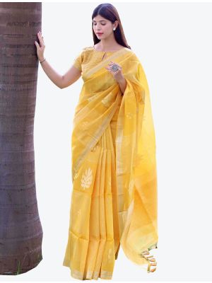 Yellow Zari Woven Linen Silk Festive Wear Designer Saree small FABSA21416