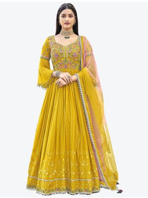 Bright Yellow Faux Georgette Festive Wear Designer Anarkali Suit thumbnail FABSL20756