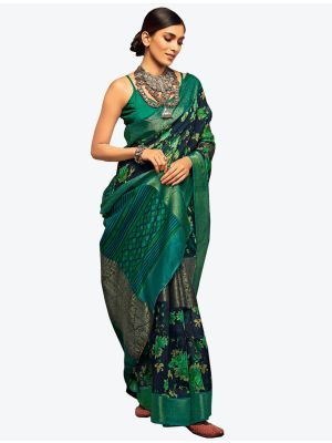 Dark Teal Jacquard Silk Party Wear Designer Saree small FABSA21539