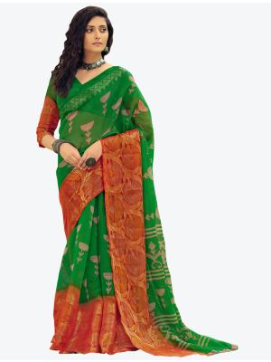 Forest Green Fine Handloom Cotton Festive Wear Designer Saree FABSA21508