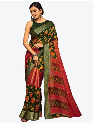 Forest Green Jacquard Silk Party Wear Designer Saree small FABSA21537