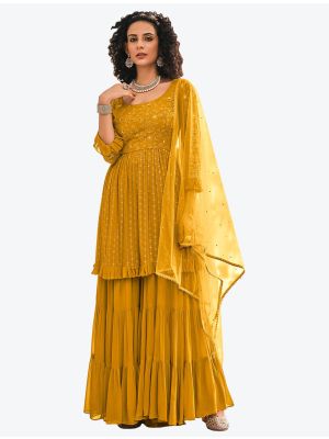 Golden Yellow Viscose Georgette Festive Wear Designer Sharara Suit small FABSL20773