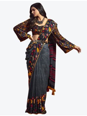 Greyish Black Fine Georgette Party Wear Designer Saree small FABSA21531