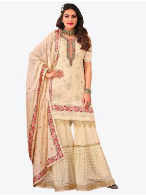 Light Cream Faux Georgette Designer Sharara Suit with Dupatta small FABSL20768