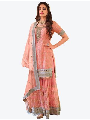 Light Salmon Faux Georgette Designer Sharara Suit with Dupatta small FABSL20766