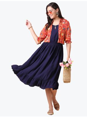 navy blue fine rayon frock with designer printed jacket fabku20529