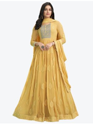 Pastel Yellow Pure Georgette Party Wear Designer Anarkali Suit small FABSL20740