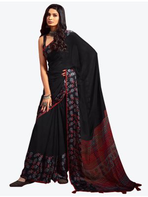 Pure Black Fine Georgette Party Wear Designer Saree small FABSA21533