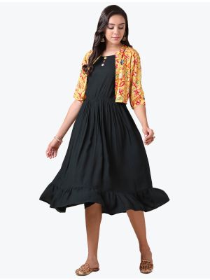 rich black fine rayon frock with designer printed jacket fabku20531