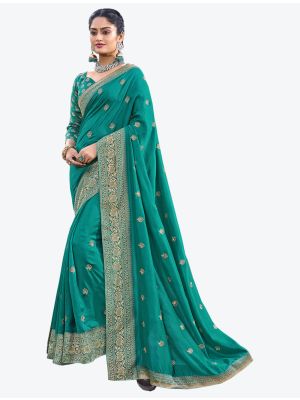 Sea Green Silk Blend Party Wear Designer Saree small FABSA21514