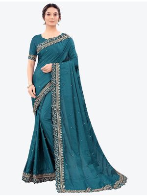 Shimmery Teal Fancy Vichitra Silk Party Wear Designer Saree small FABSA21489