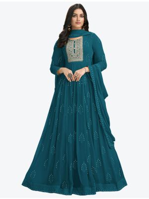 Teal Blue Pure Georgette Party Wear Designer Anarkali Suit small FABSL20741