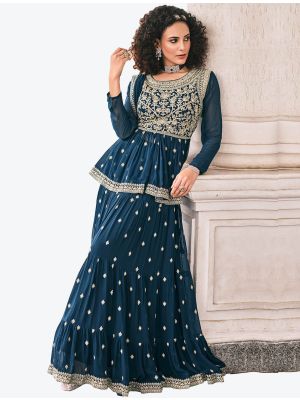 Teal Blue Viscose Georgette Festive Wear Designer Sharara Suit small FABSL20771