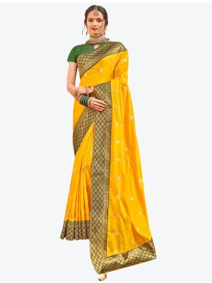 Vivid Yellow Two Tone Dola Silk Festive Wear Designer Saree small FABSA21546