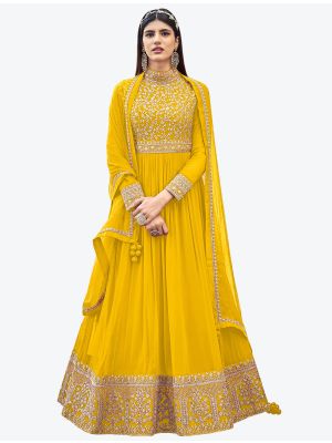 Warm Yellow Faux Georgette Party Wear Designer Anarkali Suit thumbnail FABSL20749